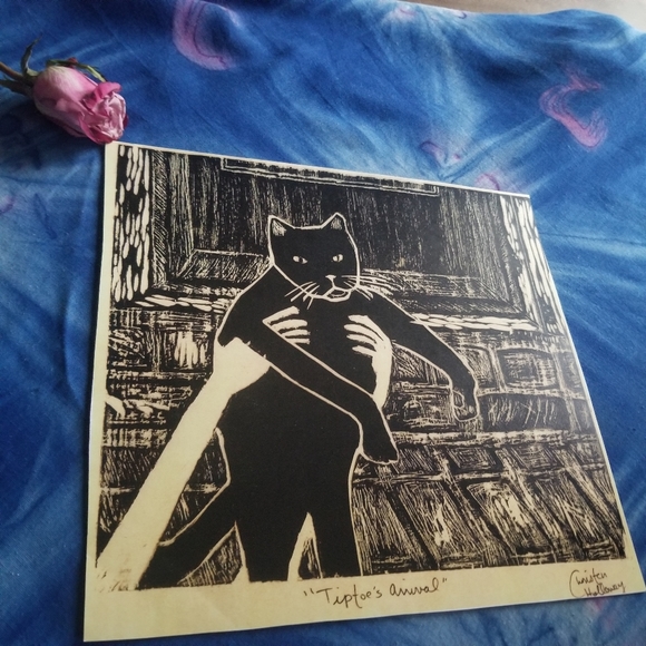 Cat Art Tiptoe Cat Folk Art Prairie Cottage Farmhouse Western Black Cat Art - Picture 2 of 4